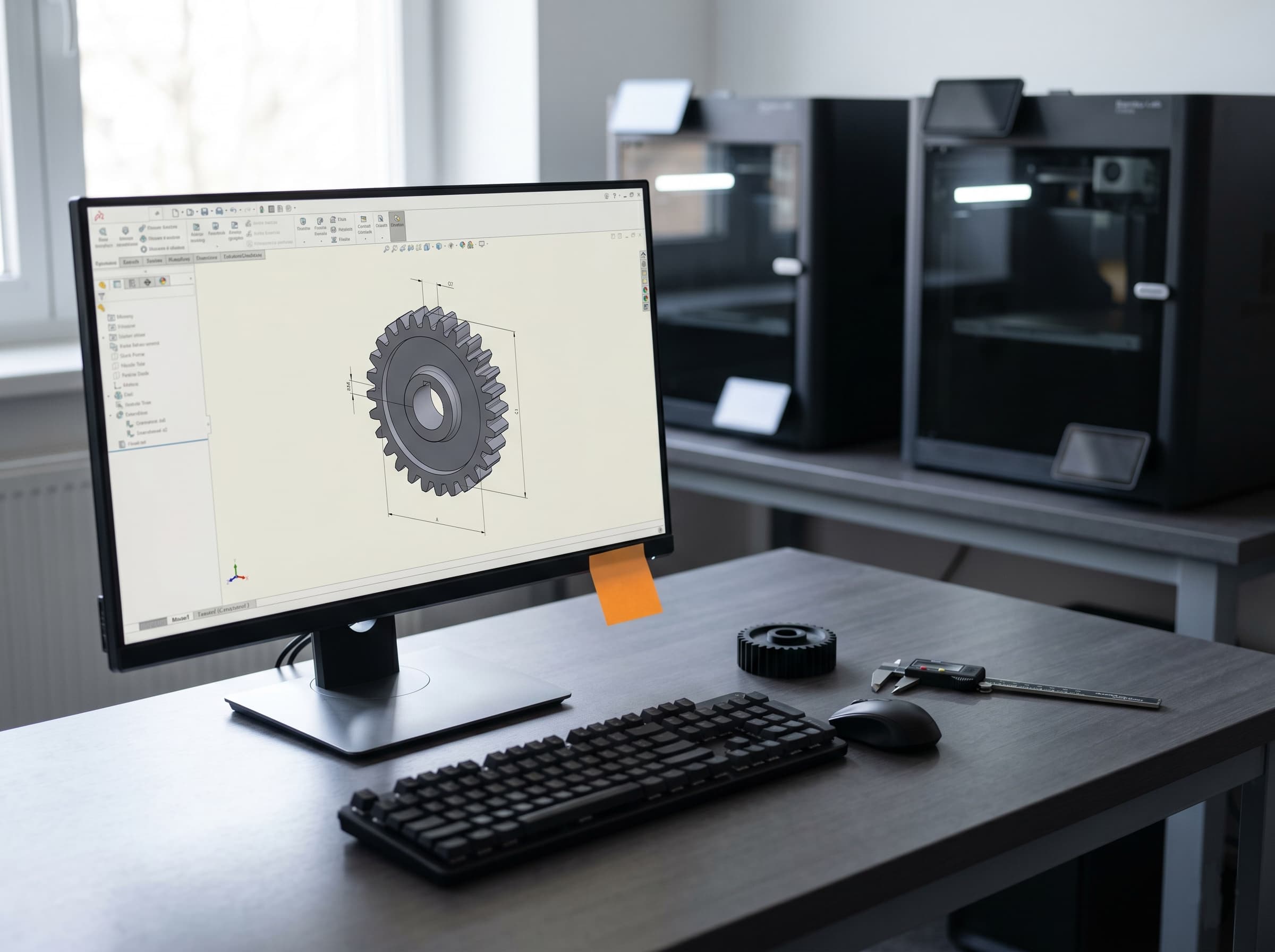 ForgeCore design workstation: monitor showing a CAD model of a gear, keyboard, mouse and Bambu Lab FDM printers in the workshop